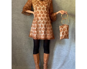 Vintage 70s Lace Mini Dress | Sheer Bell Sleeve Mini MOD | GoGo | Puffy Layered Flower Detail | 70s Retro Angel Sleeve Evening Mini | S-M