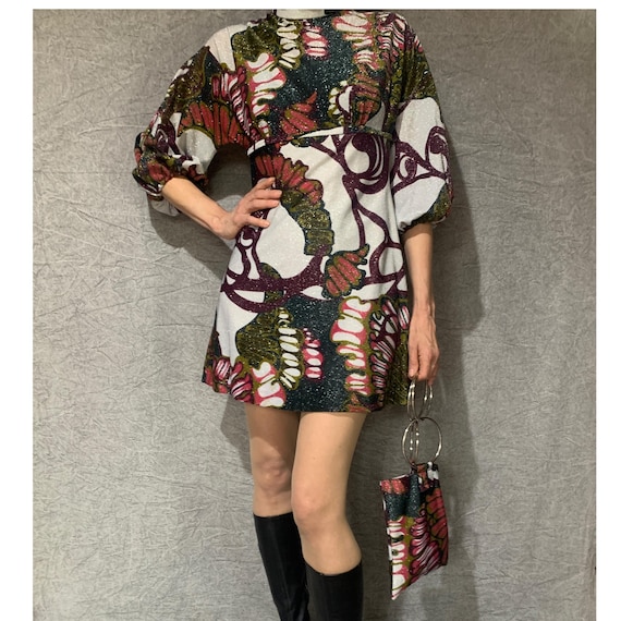 retro print mini dress Vintage Vogue Mini Cape Dress in Peel the Rhythm, Size M