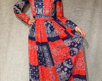 1970s Red Bandana Print Maxi Dress | MEDIUM