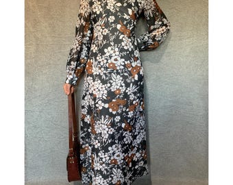 70s Vintage Floral Ballon Sleeve v-neck Chiffon Maxi Dress | Flower Festival Bohemian Garden Party | Hostess 70s Labeled Collectable | Large