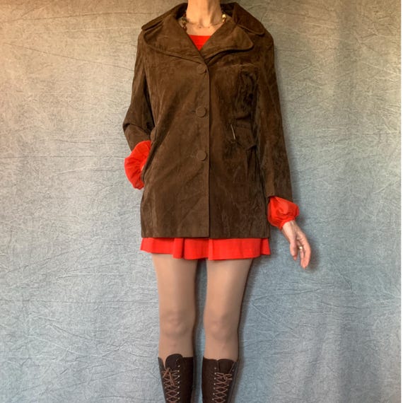 70s Vintage Chocolate Brown Blazer | Suede Look Big Collar Retro Jacket | Size 12