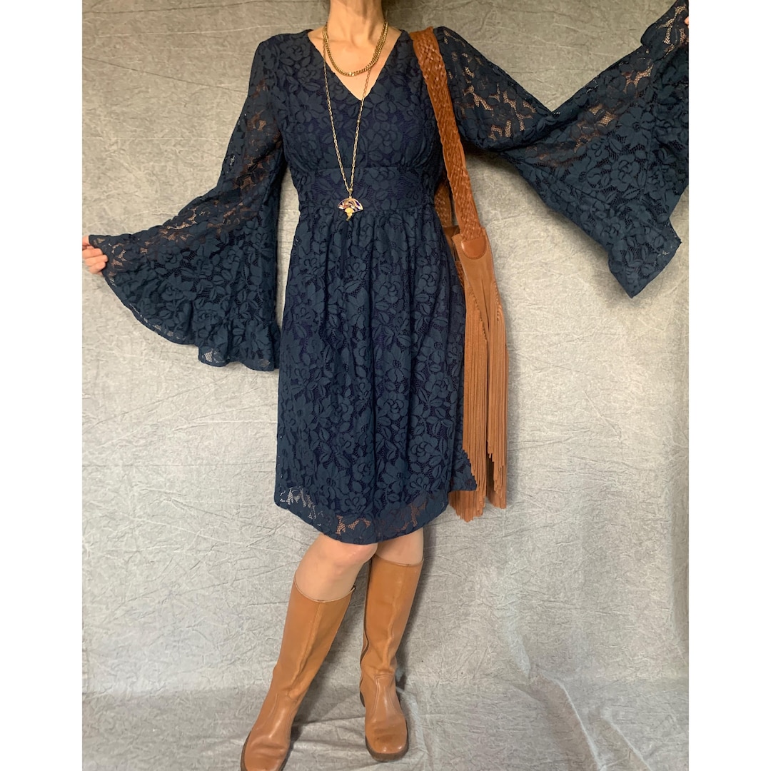 70s Boho Navy Lace Bell Sleeve Bohemian Vibe Dress | Vintage Style ...