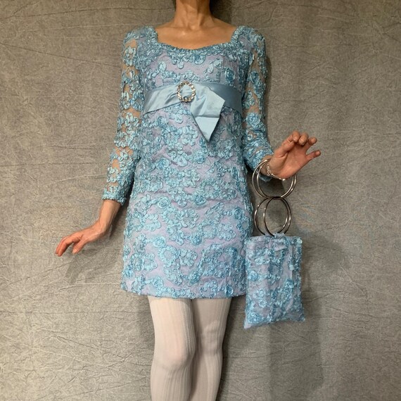 Vintage 60s Icy Blue Lace Formal Evening Cocktail Mini Dress\ Retro Go-go  Fancy Ribbon Stitch Mini\matching Mini Big Ringed Tote Bag