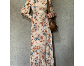 Vestido bohemio vintage de los años 70 con pechera y mangas abullonadas / Vestido retro maxi floral para festival / Talla 12 (mediana)