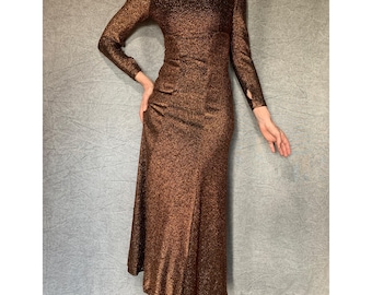 1970s Vintage Sparkly Lurex Evening Fitted Maxi Dress\ Copper Fleck Thread 70s Swingy Skirt Long Dress\Size 10
