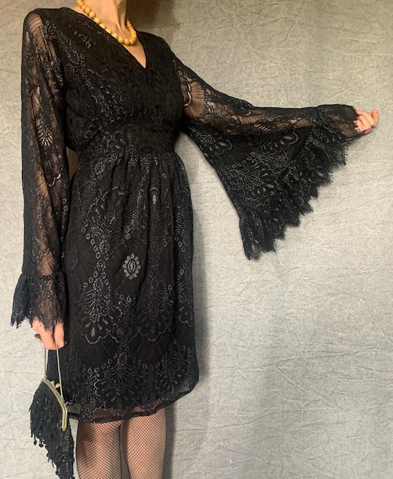 1970s Black Lace Bell Sleeve Bohemian Vibe Dress | Vintage Style Angel Sleeves | Gothic Fringed Lace Evening Retro | Festival Stevie Nicks