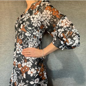 70s Vintage Floral Ballon Sleeve v-neck Chiffon Maxi Dress | Flower Festival Bohemian Garden Party | Hostess 70s Labeled Collectable | Large