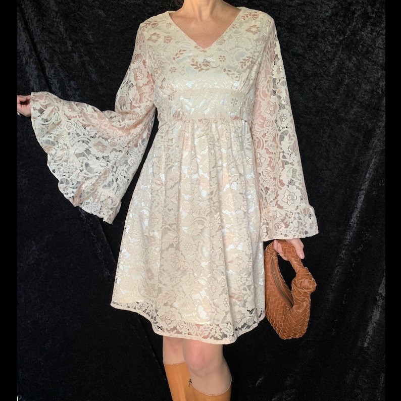 Boho 70s Cream Lace Bell Sleeve Bridal Vibe Dress | Vintage Style Angel ...