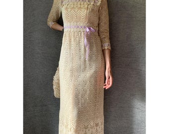 Rare Vintage 1970s Crochet Cream Bridal Gown |Ribbon Bib Long sleeves | Bohemian Romantic Glam Ruffle Neck | Fancy Garden Party Crochet Maxi