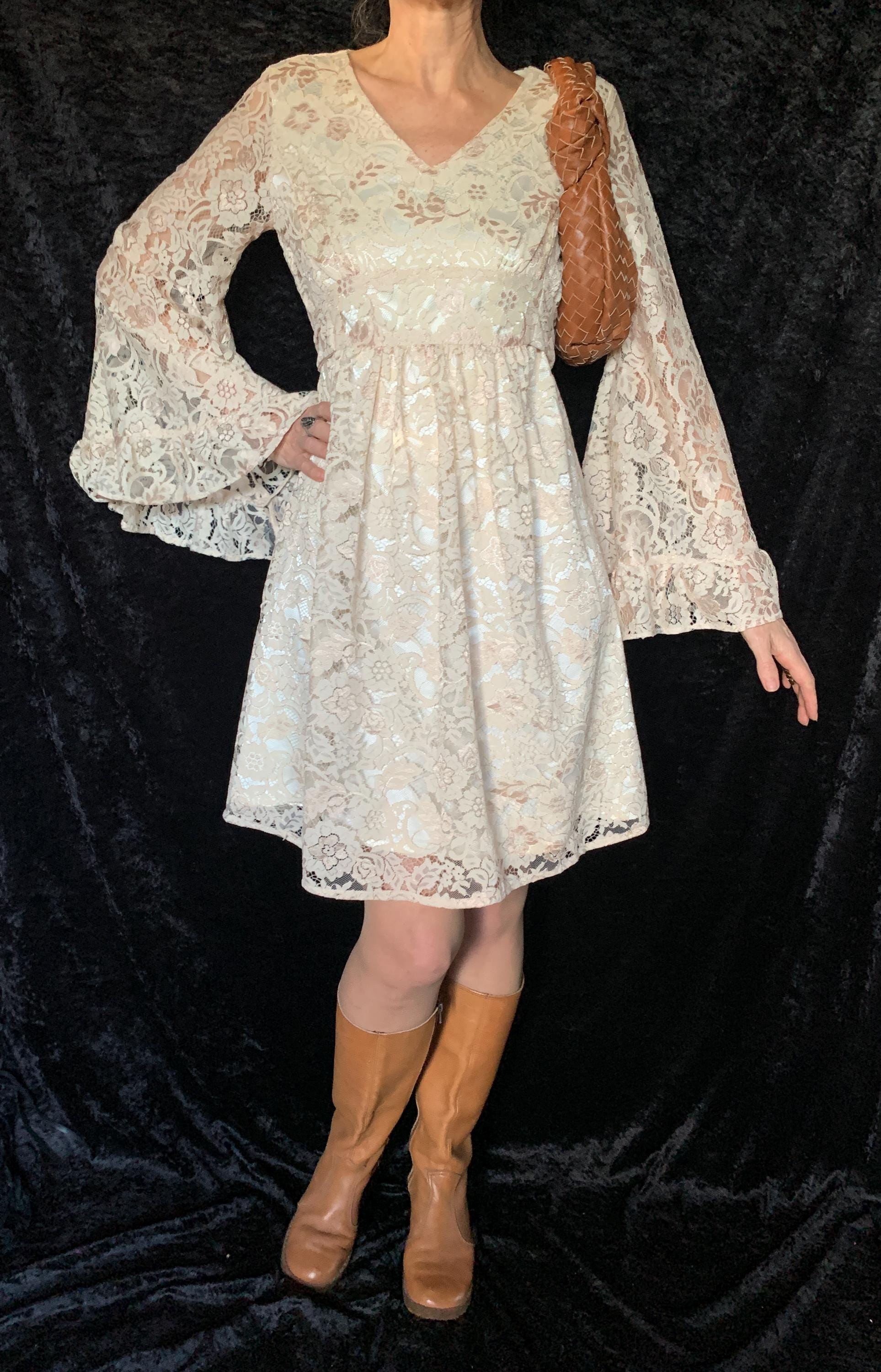 Boho 70s Cream Lace Bell Sleeve Bridal Vibe Dress | Vintage Style Angel ...
