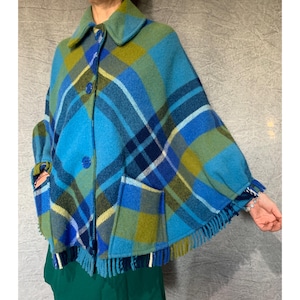 80s～ wool poncho coat 80s Hooded Black Wool Cape | S-L - Lucky Vintage