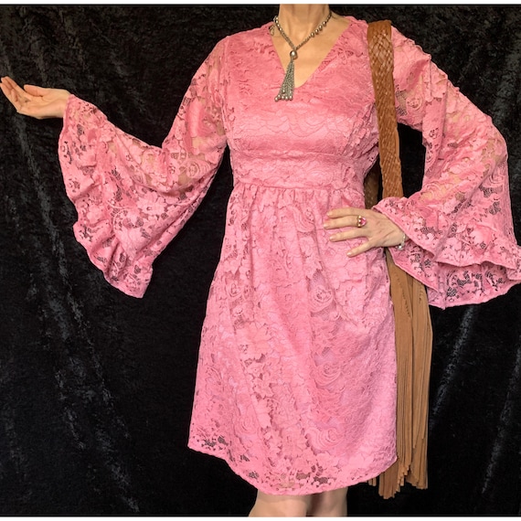 Romantic 70s Bohemian Lace Bell Sleeve Vibe Dress | Vintage Style Angel  Sleeves | Romantic Retro | Garden Party| Hippie Festival | S-M-L |