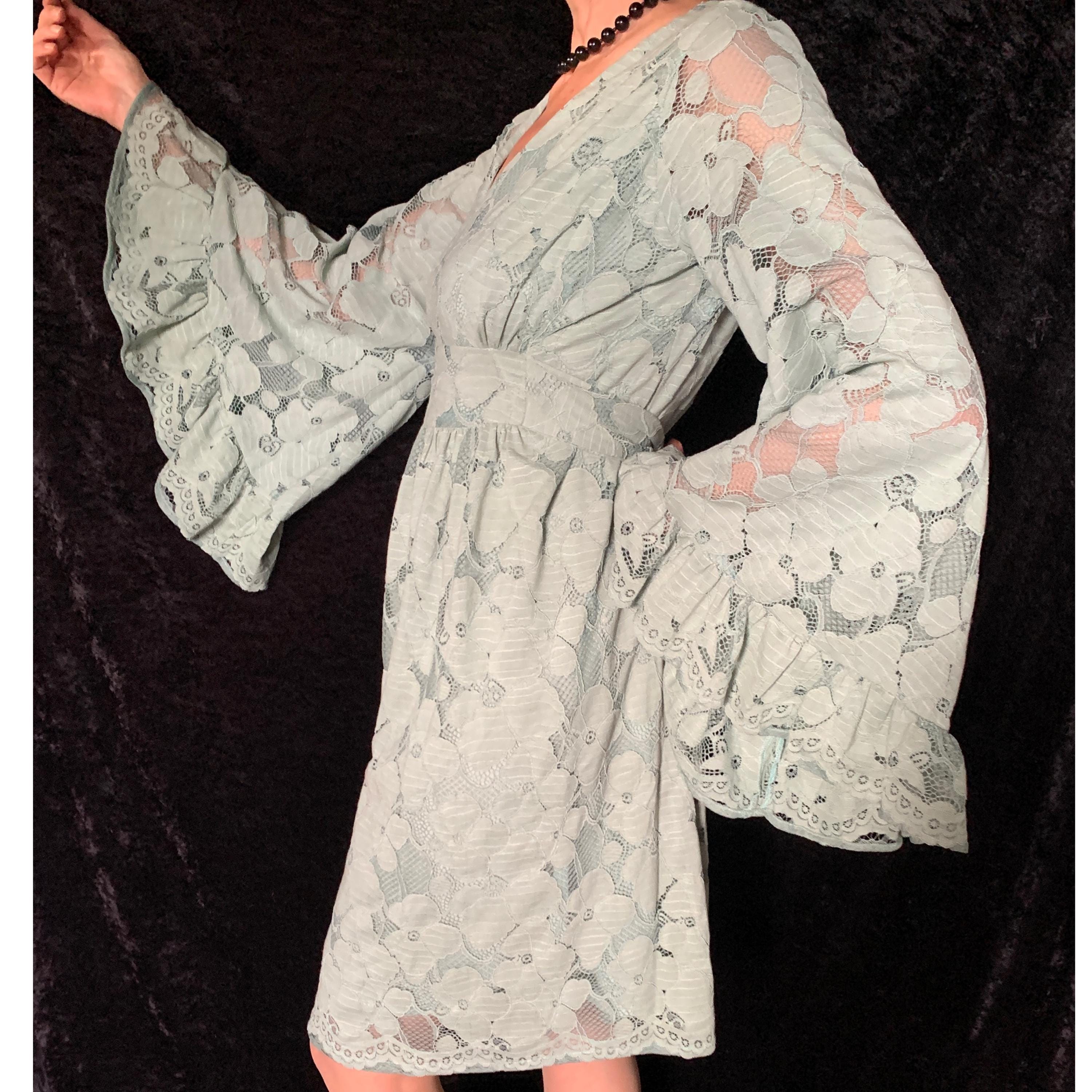 70s Flower Mesh Lace Angel Sleeve Hippie Vibe Dress Vintage Style Bell Sleeve Floral Romantic Party Retro Festival S-M-L Boho