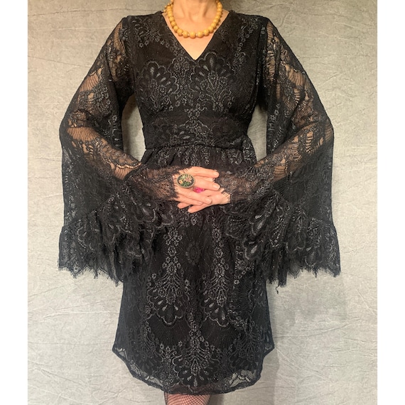 1970s Black Lace Bell Sleeve Bohemian Vibe Dress | Vintage Style Angel Sleeves | Gothic Fringed Lace Evening Retro | Festival Stevie Nicks