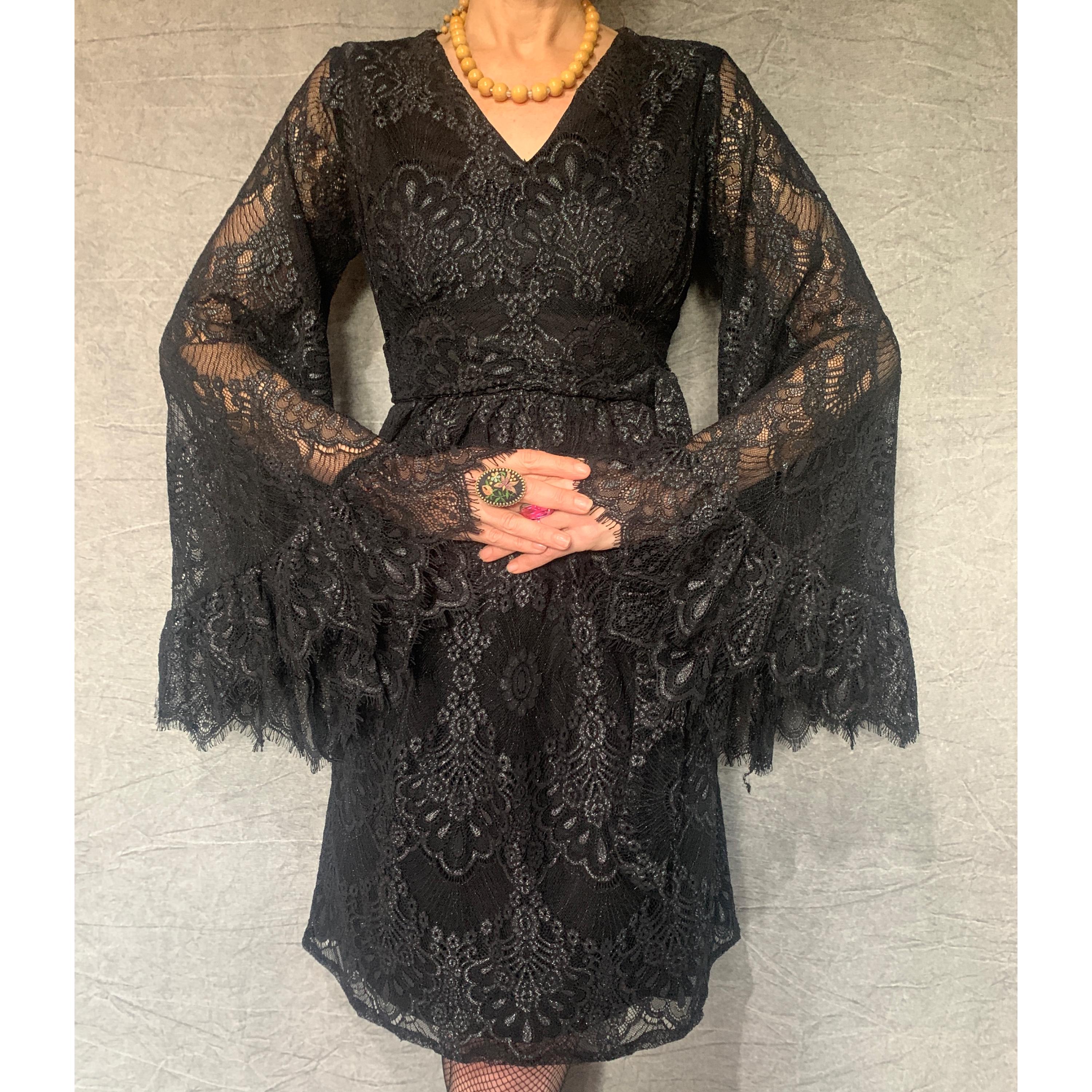 1970s Black Lace Bell Sleeve Bohemian Vibe Dress | Vintage Style Angel Sleeves | Gothic Fringed Lace Evening Retro | Festival Stevie Nicks 1970s Black Lace Bell Sleeve Bohemian Vibe Dress | Vintage Style Angel Sleeves | Gothic Fringed Lace Evening Retro | Festival Stevie Nicks