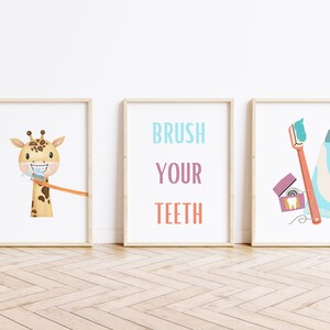 Cepille sus dientes, (conjunto de 3), salud dental, arte del baño, dentista, cepillo de dientes, pasta de dientes, sala de juegos imprimible, decoración de la escuela en el hogar, educación