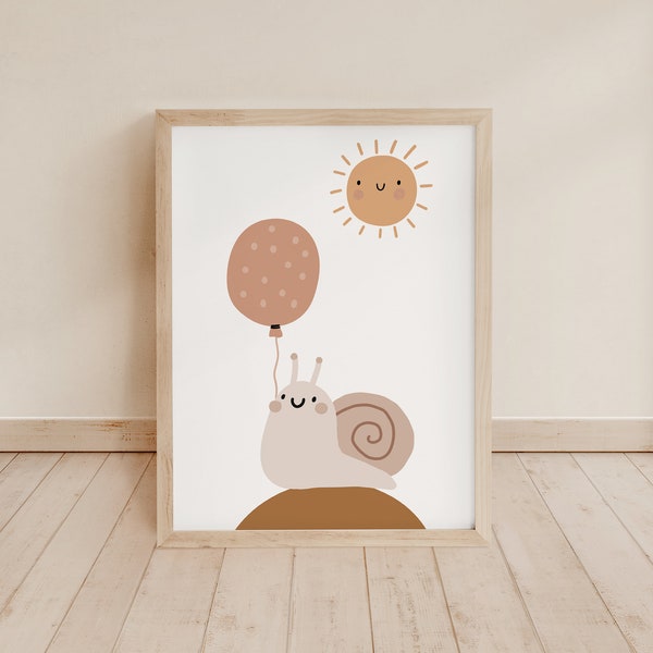 Whimsical Snail Holding Balloon Art Print, Neutral Nursery Print, Children's Wall Decor, Playroom Wall Art, Playroom Printable,