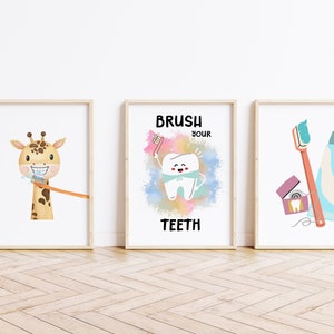 Zähne putzen, (3er Set), Zahngesundheit, Bad Kunst, Zahnarzt, Zahnbürste, Zahnpasta, druckbares Spielzimmer, Dekoration zu Hause, Bildung