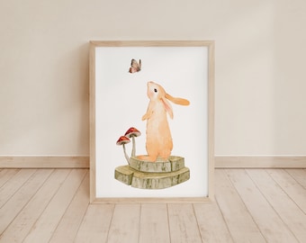 Woodland Animal Bunny Rabbit Art Print, Whimsical Wall Decor,  Art Print, Playroom Wall Art, Nursery Print, Children's Room Decor