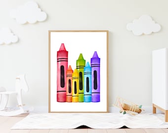 Crayón imprimible, arte colorido, arte de la sala de juegos, decoración de la habitación de los niños, sala de juegos imprimible, impresión de la guardería, decoración de la escuela en el hogar, escuela, educación