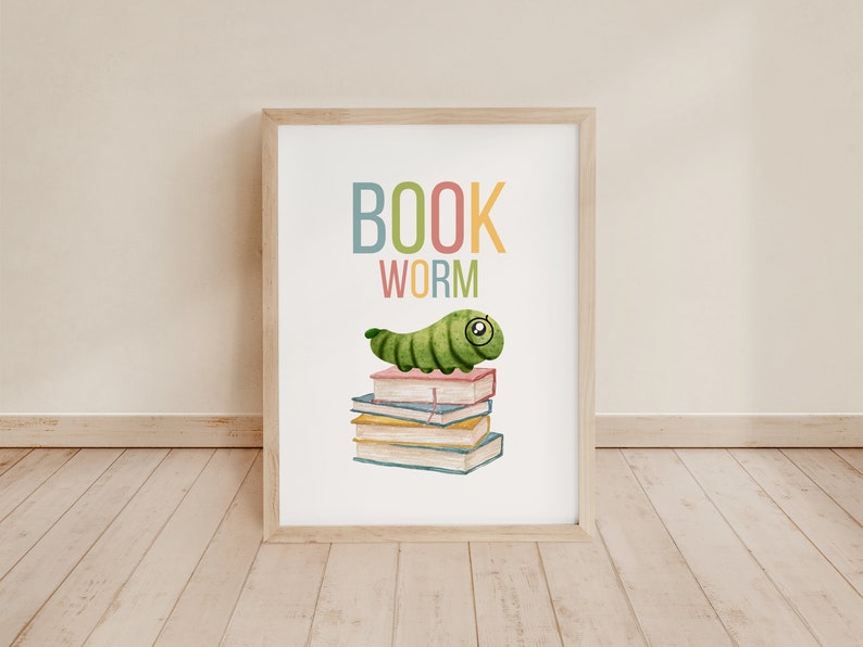 Bookworm Printable , Reading Print for Kids, Books Print, Playroom Wall ...