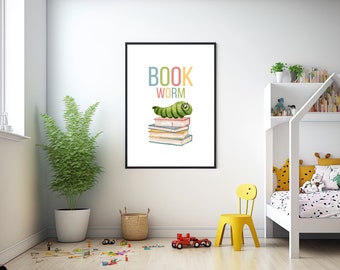 Bookworm Printable , Reading Print for Kids, Books Print, Playroom Wall Art, Playroom Printable, Nursery Print, Homeschool Decor, School