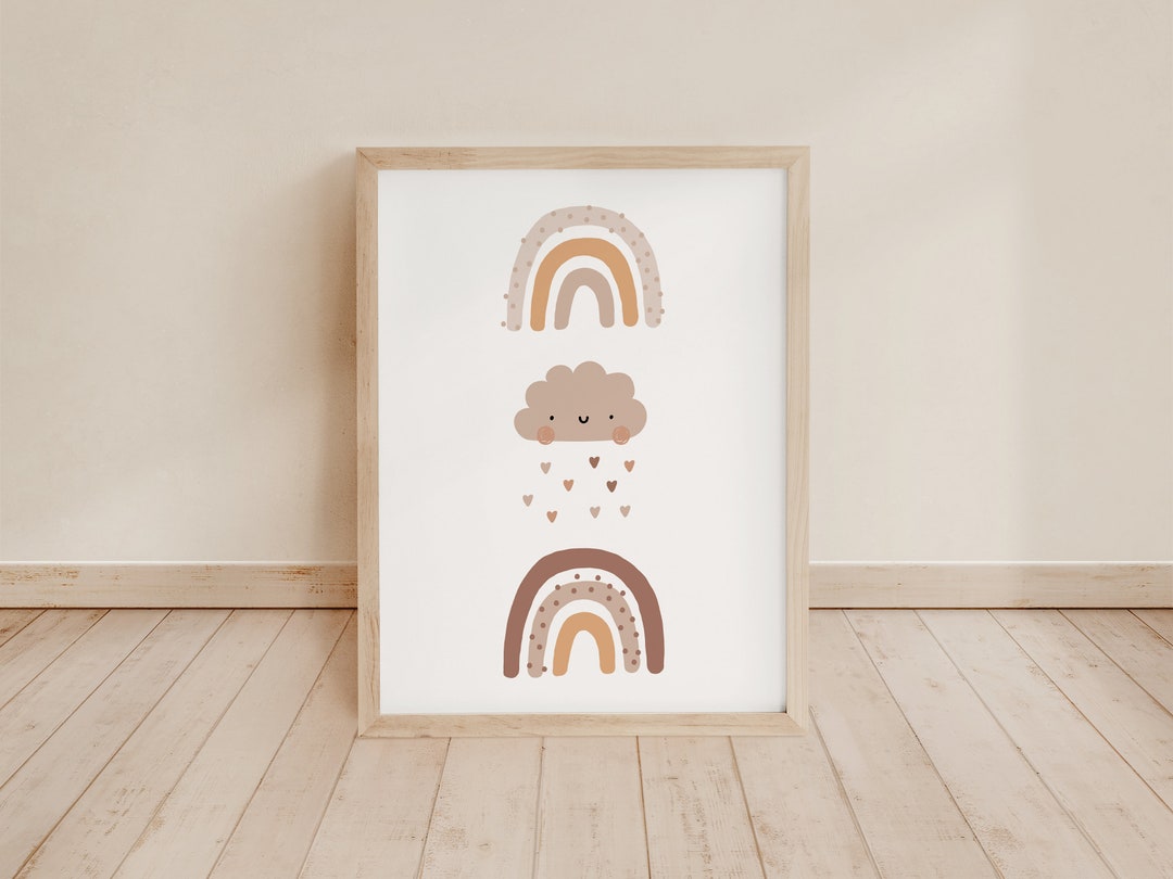 Whimsical Rainbow Rain Cloud Art Print, Neutral Nursery Print, Children ...