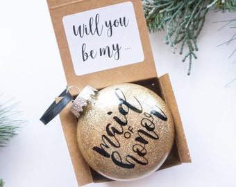 Bridesmaid Ornament Proposal Will you be my Maid of Honor Christmas Glitter Flat Disc PLASTIC