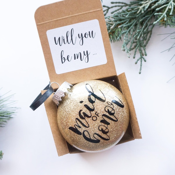 Bridesmaid Ornament Proposal Will you be my Maid of Honor Christmas Glitter Flat Disc PLASTIC