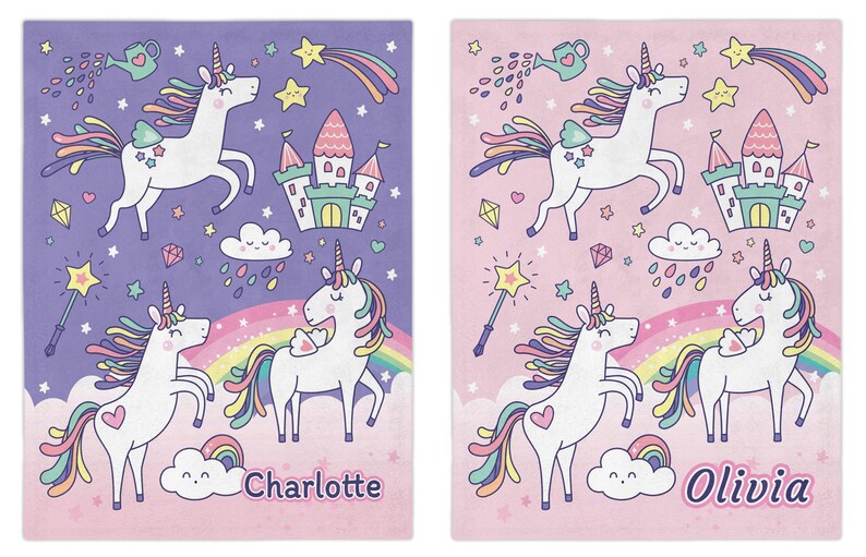 May include: Two purple and pink illustrated designs featuring unicorns, rainbows, stars, and castles. The left design says "Charlotte" and the right design says "Olivia".