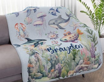 Personalized Under The Sea Blanket, Custom Name Sherpa or Mink Blanket, Great gift for Girl, Baby, Toddler & Kids