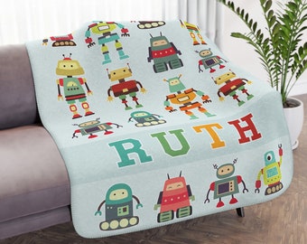 Personalized ROBOT Blanket, Custom Name Sherpa or Minky Blanket / Great gift for Baby, Toddler, Kids (Daycare, Birthday, Christmas)
