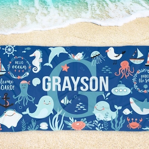 Personalized Sea Animal Beach Towel with Name, Lightweight, Absorbent, Multi Purpose for Kids, UNDER THE SEA