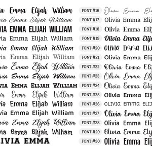 May include: A comparison of 30 different fonts for the names Olivia, Emma, Elijah, and William. The names are written in various styles, including cursive, bold, and all caps.