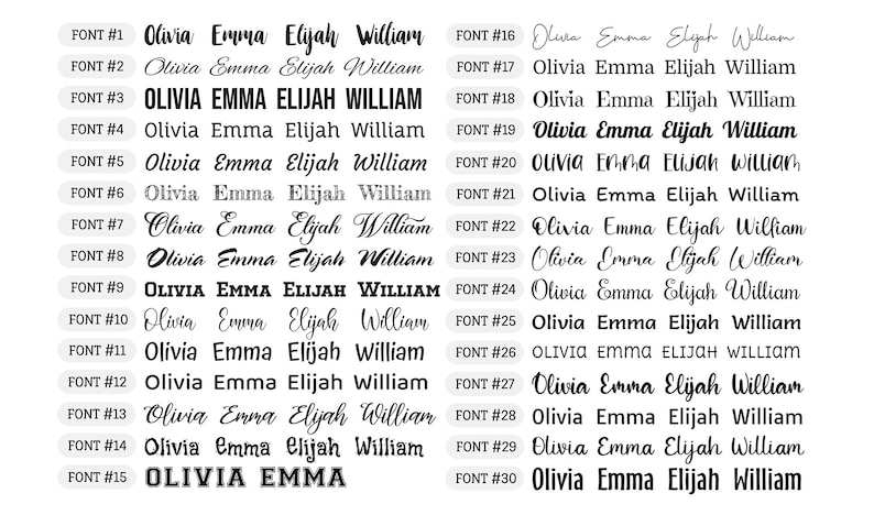May include: A comparison of 30 different fonts for the names Olivia, Emma, Elijah, and William. The names are written in various styles, including cursive, bold, and all caps.