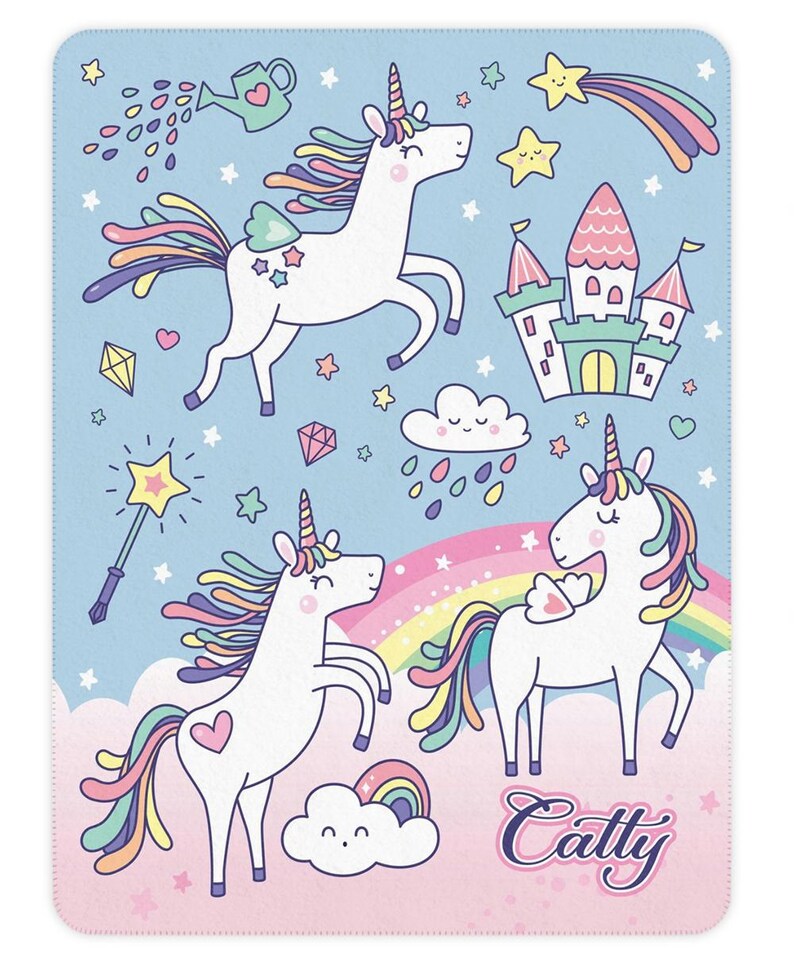 Personalized UNICORN Blanket, Custom Name Sherpa or Minky Blanket, Great gift for Baby, Toddler, Kids, Teens & Adults Sky Blue