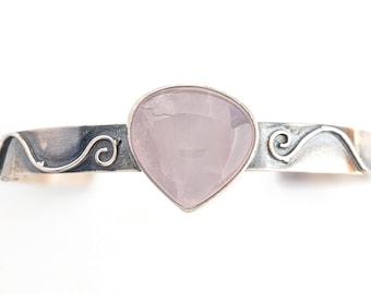 Rose Quartz Bracelet, Sterling Silver, Handmade Gemstone Bracelet, Boho Chic Jewelry, Natural Stone Cuff Bracelet, Pink, Statement Jewelry