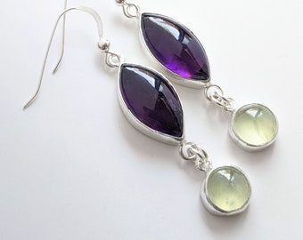 Amethyst and Prehnite Dangle Earrings, Sterling silver, Statement Dangle Earrings, Drop Earrings, Birthstone Earrings, February Gift