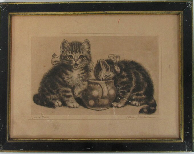 Meta Pluckebaum Signed Sweet Tooth 1930 S Etching Print Of Kittens Or