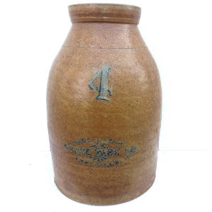 Antique 4 Gallon Salt Glazed Stoneware Butter Churn Crock: Zanesville, Ohio, 1890s