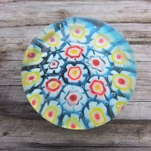 Vintage Millefiori Glass Paperweight: Floral Murrine, Blue Red Yellow