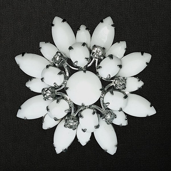 Weiss Milk Glass Rhinestone Statement Brooch Starburst Flower Vintage 1960s Silver Tone Pin Designer Signed Costume Jewelry