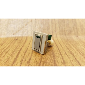 May include: A rectangular electrical rocker switch featuring a light beige plastic frame and a metallic silver center button with a small green indicator light at the top. The switch mechanism extends from the back with a white cylindrical component.