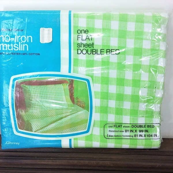 Fashion Manor Vintage 1970s JC Penney Double Bed Flat Sheet 81"x 99" 50/50 Poly Cotton Green and White Checkered in Original Package