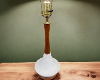 Mid Century Danish Modern Table Lamp Teak Wood Top and Walnut Bottom Base White Ceramic Textured  26" Tall MCM Lighting
