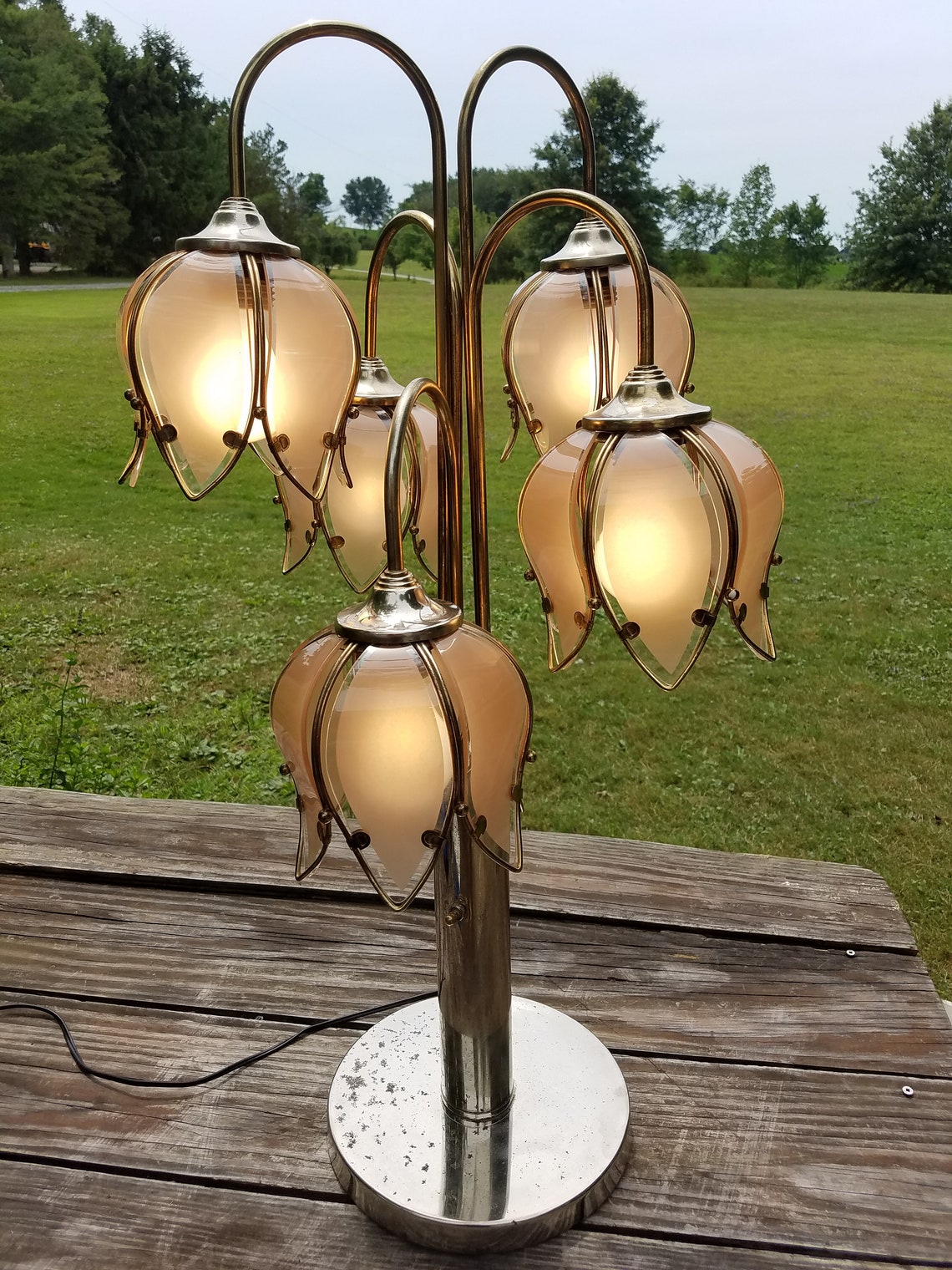 Hollywood Regency Lotus Lamp Pink Glass Panel Shades 5 Way - Etsy