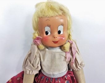 Poland Sawdust Cloth Doll Hand Painted Celluloid Face Vintage 1940's Original Tag 14" Tall