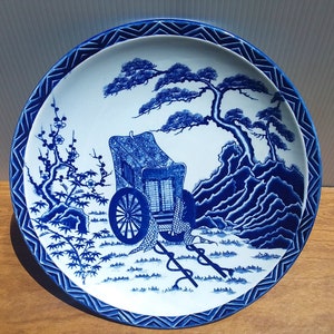 Vintage Japanese Porcelain Blue and White Rickshaw Platter