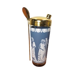 Vintage Jeannette Grecian Cocktail Shaker Blue with Gold Cover and Mixing Spoon