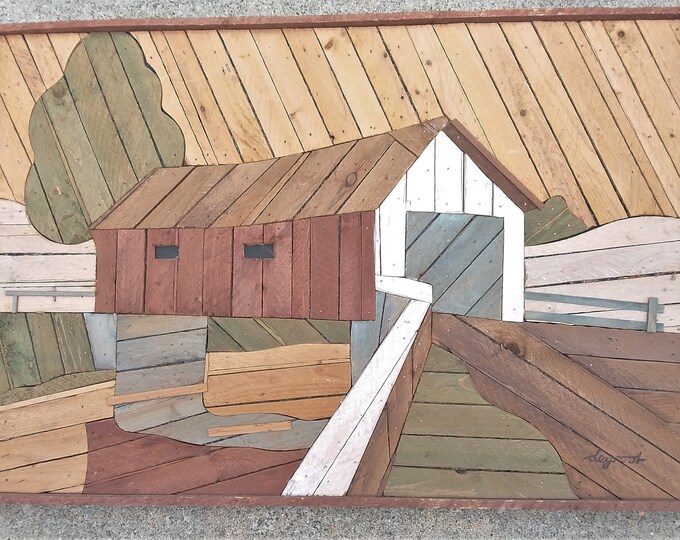 Theodore Degroot Signed Wood Lath Art Vintage 1970s Rustic Folk Art